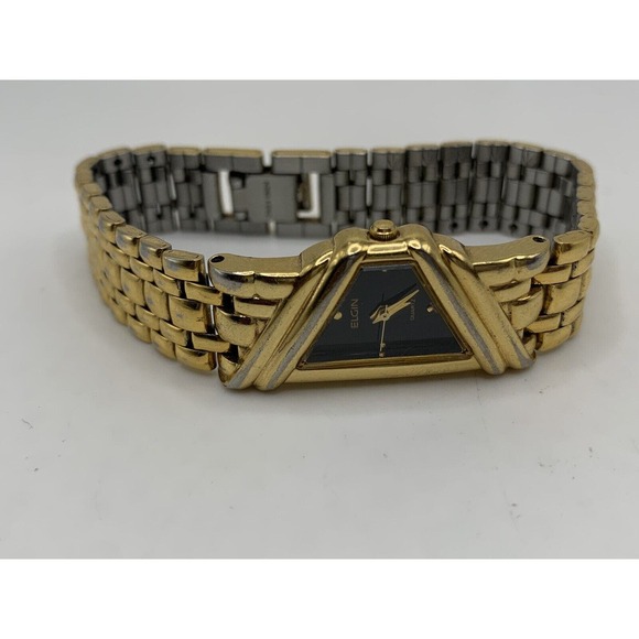 Vintage Elgin Trapezoid Asymmetrical Face Black Dial Gold Tone Bracelet Watch - Picture 5 of 9